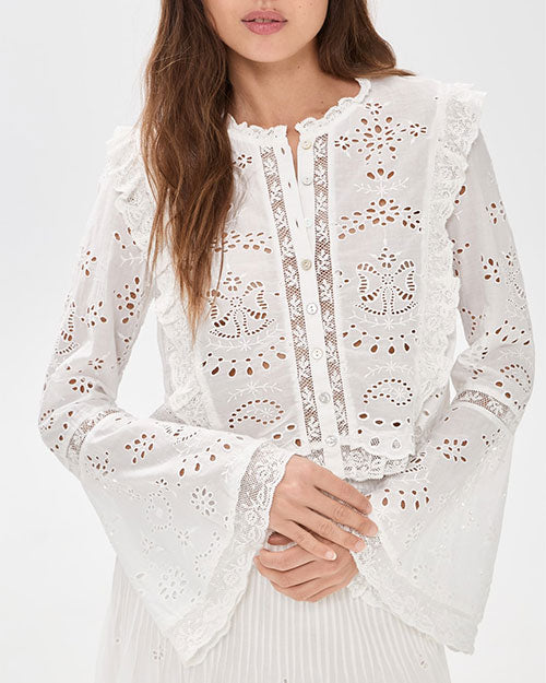 A white long‑sleeve blouse made of eyelet lace fabric featuring intricate cutout floral and geometric patterns. The blouse has a round neckline with delicate ruffled trim, a button‑down front with decorative lace panels, and flared sleeves finished with lace edging. The garment is slightly sheer and layered over a light inner piece. The background is plain and light-colored.