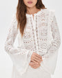 A white long‑sleeve blouse made of eyelet lace fabric featuring intricate cutout floral and geometric patterns. The blouse has a round neckline with delicate ruffled trim, a button‑down front with decorative lace panels, and flared sleeves finished with lace edging. The garment is slightly sheer and layered over a light inner piece. The background is plain and light-colored.