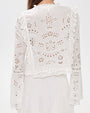 Back view of a white long‑sleeve blouse made of eyelet lace fabric featuring intricate cutout floral and geometric patterns. The blouse has a round neckline with delicate ruffled trim, a button‑down front with decorative lace panels, and flared sleeves finished with lace edging. The garment is slightly sheer and layered over a light inner piece. The background is plain and light-colored.