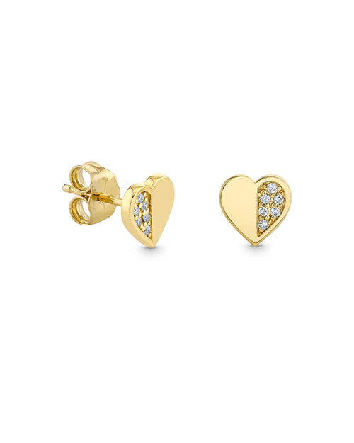 Pair of gold heart-shaped stud earrings, each with one half in plain gold and the other half adorned with small round diamonds, featuring post and butterfly backs.