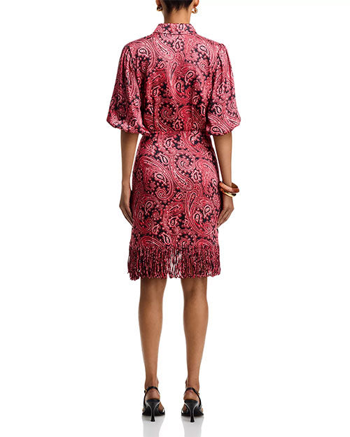 Red paisley print wrap dress with short sleeves, button-front detail, side tie waist, and fringed hem
