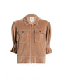 Front view of a light brown velvet zip-up jacket featuring a pointed collar, two button-flap chest pockets, and elbow-length puff sleeves with gathered cuffs.