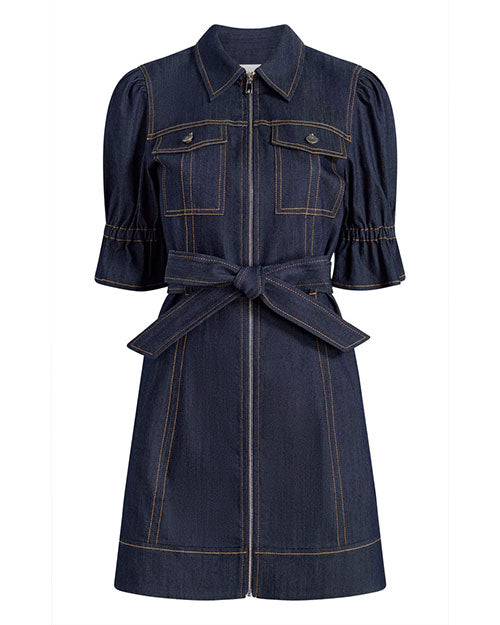 Front view of a dark denim mini dress with a pointed collar, short puff sleeves, front zipper closure, chest flap pockets, contrast topstitching, and a wide self-tie belt at the waist, displayed against a white background.