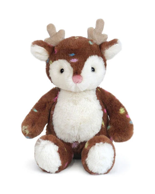 A plush reindeer toy with soft brown fur featuring multicolored speckles, a white belly, and white accents on the face and feet. It has small beige antlers, round black eyes, and a pink nose, giving it a cute and festive appearance.