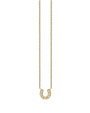 Gold necklace with a delicate chain and a horseshoe-shaped pendant, decorated with small sparkling diamonds along the curve.