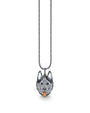 A silver-toned necklace featuring a pendant shaped like a husky dog’s head. The pendant is encrusted with small, sparkling stones, has dark blue gemstone eyes, and a rose-gold colored tongue detail. The chain is a simple, fine link design.