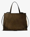Large brown leather tote bag with a structured rectangular shape, dual top handles, and a detachable shoulder strap, displayed against a plain white background.