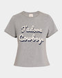 Gray short-sleeve T-shirt with “J’adore Cowboys” text in raised white and navy lettering.