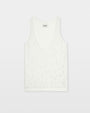 A white knit tank top featuring an open‑work embroidered design made up of small decorative symbols and patterns across the front. The top has a deep scoop neckline, wide shoulder straps, and a straight hem. It is displayed against a plain light background.