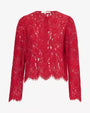Red floral lace cardigan-style top with a round neckline, button-front closure, and scalloped hem