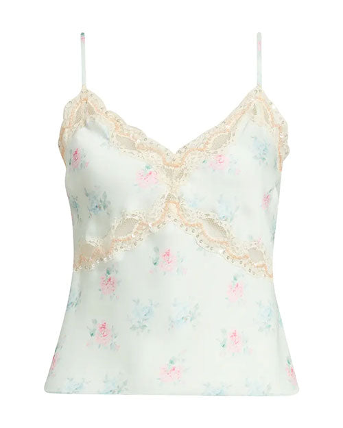 Light green satin camisole with thin straps, floral print, and lace-trimmed V-neckline and empire seam.