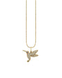 A gold necklace featuring a hummingbird-shaped pendant adorned with small sparkling stones. The body and wings are encrusted with clear stones, and the eye is represented by a small blue stone. The chain is made of uniformly spaced round links.