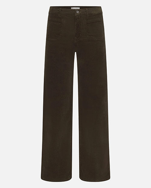 Front view of a pair of high-waisted brown corduroy pants displayed against a light gray background. The pants feature a straight wide-leg silhouette, a button and zip fly closure, belt loops, and front patch pockets. The corduroy fabric has a fine ribbed texture, and the relaxed fit extends from the hips through the hem for a clean, streamlined look.