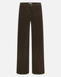 Front view of a pair of high-waisted brown corduroy pants displayed against a light gray background. The pants feature a straight wide-leg silhouette, a button and zip fly closure, belt loops, and front patch pockets. The corduroy fabric has a fine ribbed texture, and the relaxed fit extends from the hips through the hem for a clean, streamlined look.