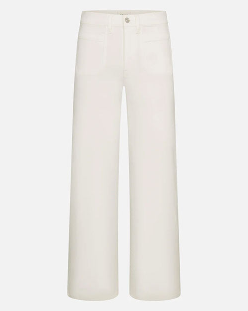 Product image of off-white wide-leg trousers displayed flat against a light background, featuring a high-rise waist with belt loops, a single button closure with zip fly, and clean front and back pockets. The pants have a structured, tailored silhouette with straight, wide legs and a smooth, minimal finish.