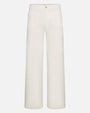 Product image of off-white wide-leg trousers displayed flat against a light background, featuring a high-rise waist with belt loops, a single button closure with zip fly, and clean front and back pockets. The pants have a structured, tailored silhouette with straight, wide legs and a smooth, minimal finish.