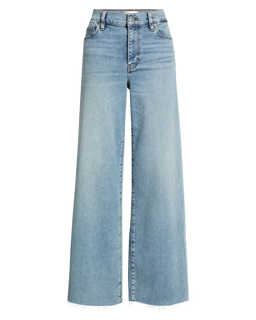 Light wash wide-leg cropped jeans with a high-rise waist and raw hem detail.