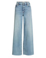 Light wash wide-leg cropped jeans with a high-rise waist and raw hem detail.