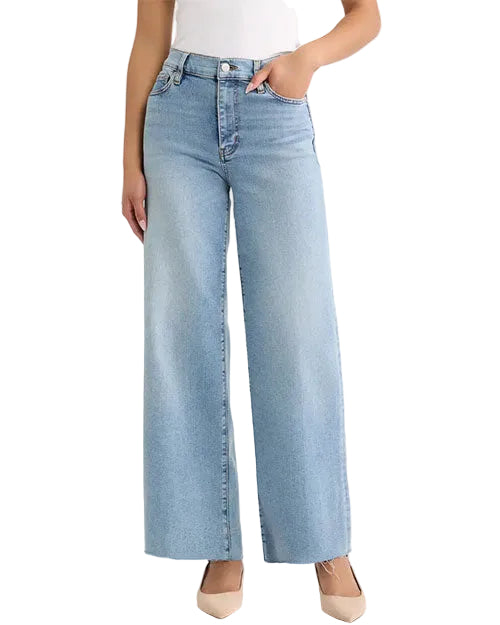 Light wash wide-leg cropped jeans with a high-rise waist and raw hem detail.