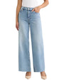 Light wash wide-leg cropped jeans with a high-rise waist and raw hem detail.