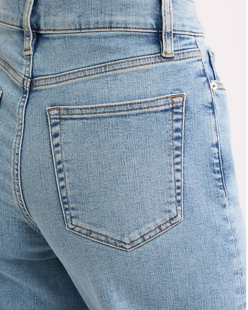 Light wash wide-leg cropped jeans with a high-rise waist and raw hem detail.