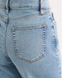 Light wash wide-leg cropped jeans with a high-rise waist and raw hem detail.