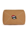 Rectangular brown fabric object resembling an envelope, featuring an embroidered black cat face wearing a red Santa hat with white trim and pom-pom.