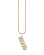 Gold chain necklace with a pendant shaped like a lighter, encrusted with sparkling stones and featuring a smiley face on the front. The lighter’s top is silver, contrasting with the jeweled gold body.