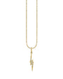 Gold necklace with a lightning bolt pendant encrusted with small clear gemstones, hanging from a delicate chain of round links.