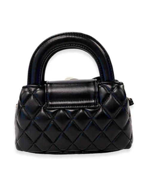 Back view of a small black quilted handbag with rounded handles and a plain design without embellishments.