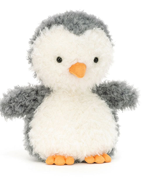 Plush penguin toy with a fluffy gray and white body, orange beak, and orange feet. The penguin has small black eyes and outstretched wings, giving it a soft and cuddly appearance.