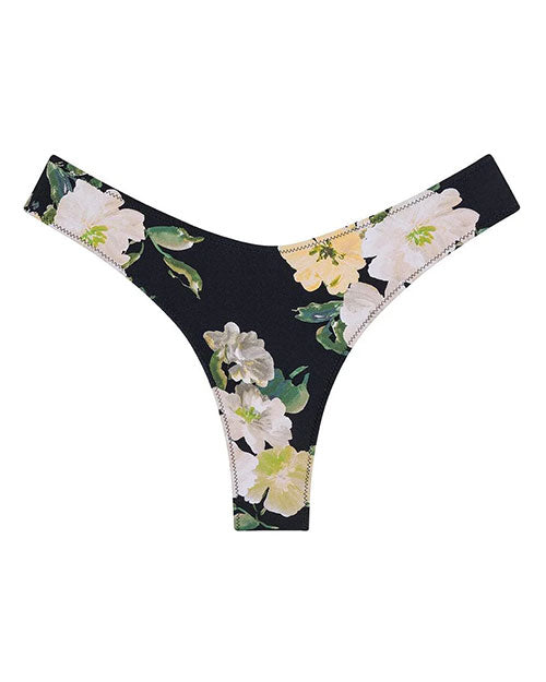 Black bikini swim bottom with a large floral print featuring white and light yellow flowers with green leaves.