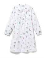 White long-sleeved dress with a Peter Pan collar, lace trim, and front pleats, decorated with colorful, whimsical illustrations of birds, people, trees, and other nature-inspired elements.