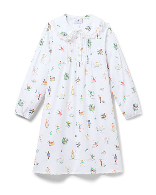 White long-sleeved dress with a Peter Pan collar, lace trim, and front pleats, decorated with colorful, whimsical illustrations of birds, people, trees, and other nature-inspired elements.