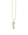 Gold necklace with a pendant spelling “love” in cursive script, encrusted with small sparkling diamonds, on a beaded gold chain.