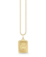 Gold necklace with a rectangular pendant engraved with “CARD OF” at the top, an infinity symbol, the word “love” in cursive, and “PASSION” at the bottom, hanging from a delicate gold chain.