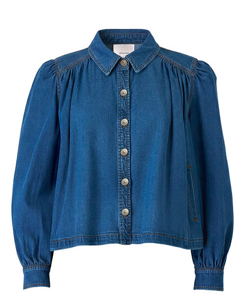 Blue denim cropped button-up jacket with puffed long sleeves, gathered shoulder detail, and a pointed collar.