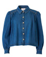Blue denim cropped button-up jacket with puffed long sleeves, gathered shoulder detail, and a pointed collar.