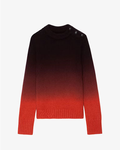 A long-sleeve knit sweater displayed against a plain background. The sweater features a gradient design transitioning from deep burgundy at the top to bright red at the bottom. It has a ribbed crew neckline, ribbed cuffs, and hem. Three black buttons are positioned along the left shoulder near the collar, adding a decorative detail. The fabric appears thick and cozy with a smooth texture.