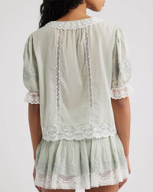 Back view of a green lace blouse with short puff sleeves, scalloped collar, button front, and ruffled lace hem paired with a tiered skirt.