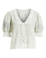 Green lace blouse with puff sleeves, scalloped V-neck collar, button front, delicate embroidery, and lace-trimmed hem.