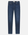 Product image of dark-wash blue denim jeans displayed flat against a light background, featuring a mid-rise waist, classic five-pocket styling with metal rivets, belt loops, a front button and zip closure, and straight, slim legs with subtle fading throughout.