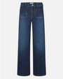 Front view of high-waisted blue wide-leg jeans with front patch pockets and button closure, displayed flat against a white background.