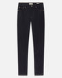 Product image of dark indigo denim jeans displayed flat against a light background, featuring a mid-rise waist, belt loops, a button and zip fly closure, and classic five-pocket styling with metal rivets. The jeans have a slim, straight-leg silhouette with clean lines and minimal visible fading, accented by subtle contrast stitching.