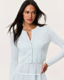 Person wearing a light blue pointelle knit cardigan with scalloped edges and button-front closure, paired with a matching tiered pointelle skirt, against a light background.