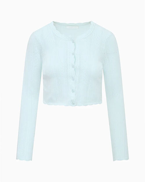 Light blue pointelle knit cardigan with scalloped edges and button front closure. 
