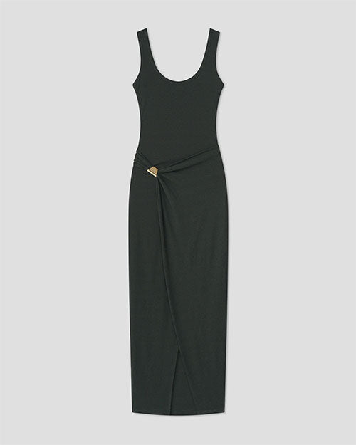 Dark green sleeveless midi dress with a scoop neckline and draped side detail secured by a small gold accent.