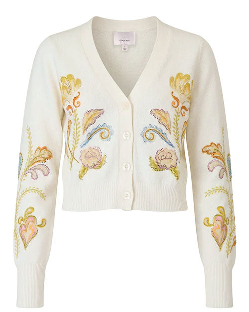 Cream V-neck cardigan with button front and delicate yellow and beige floral embroidery on the front and sleeves.