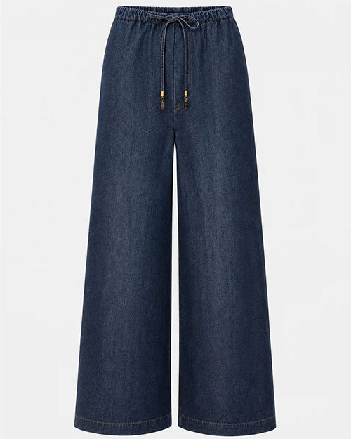 Dark wash wide-leg denim pants with an elastic drawstring waist and full-length silhouette.