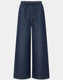 Dark wash wide-leg denim pants with an elastic drawstring waist and full-length silhouette.